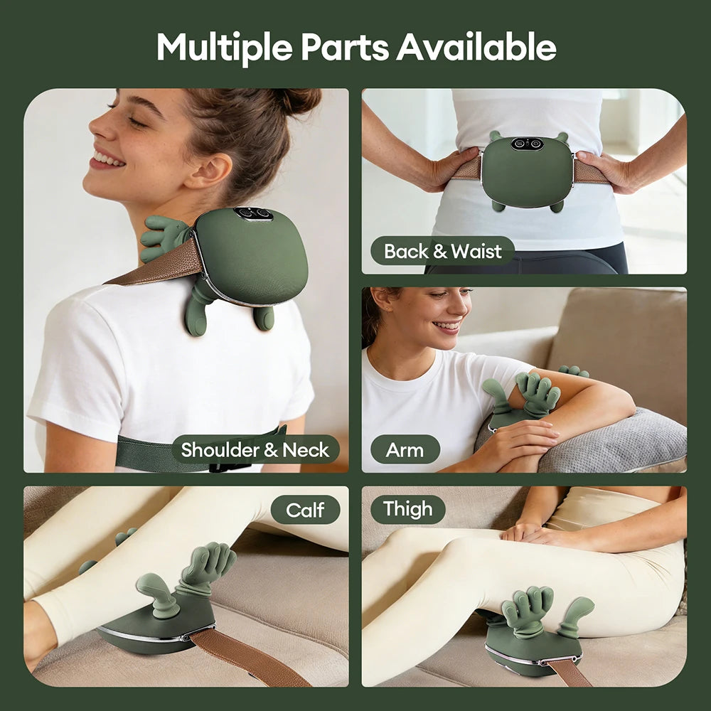 Woman using green Relief Method massager on shoulder, neck, back, waist, arm, calf, and thigh.
