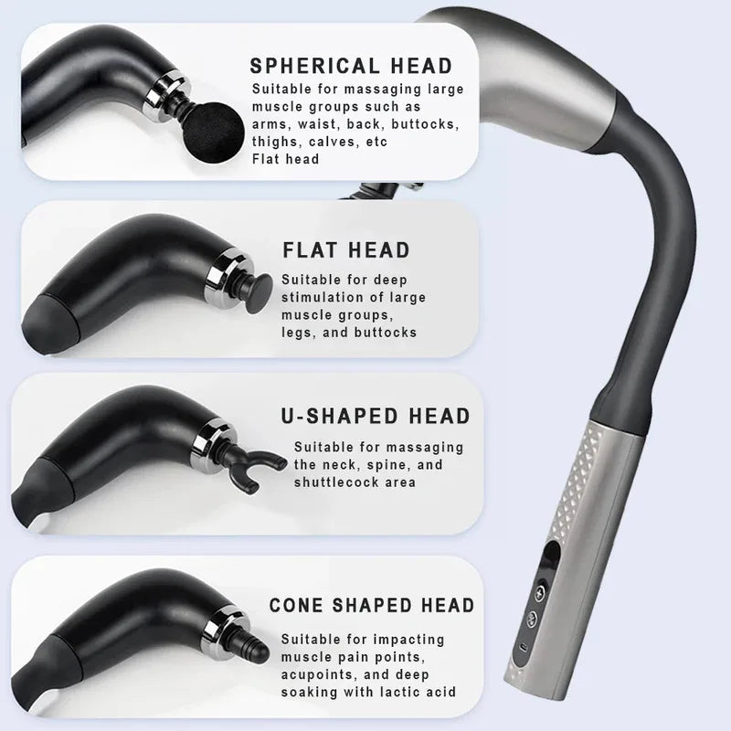 Massage gun from The Relief Method shown with four interchangeable heads: spherical, flat, U-shaped, and cone, each designed for targeted muscle relief.