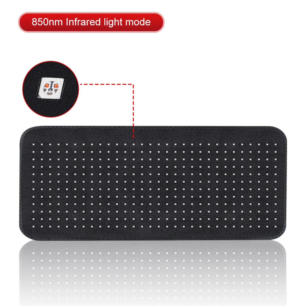 Black infrared light therapy pad with LED grid, 850nm infrared light mode, The Relief Method