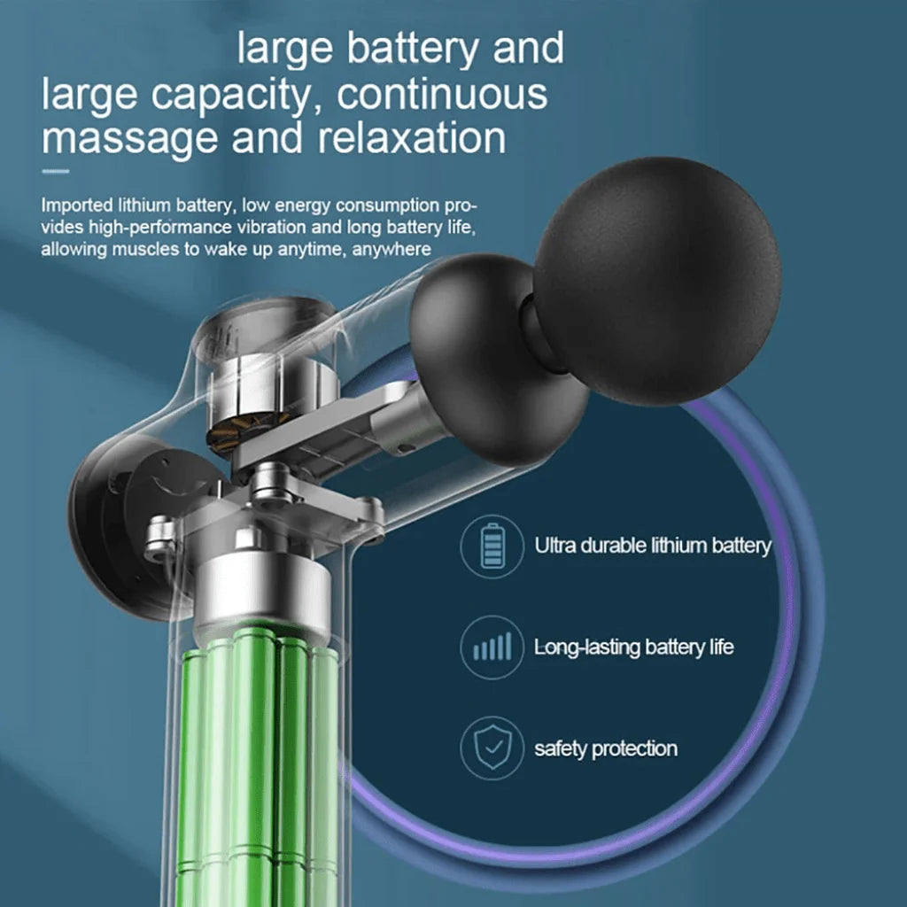 Massage gun with large lithium battery, long-lasting power, and safety features for muscle relief
