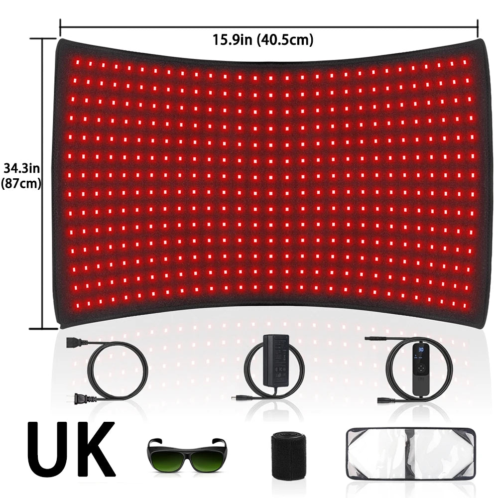 Large red light therapy pad with accessories, UK plug, and dimensions 34.3in x 15.9in