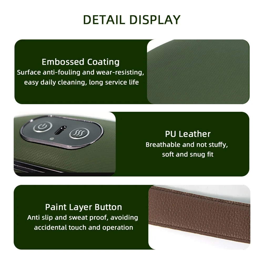 Detail display of The Relief Method product features: embossed coating, PU leather, paint layer button.