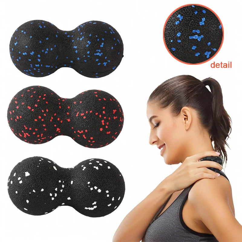 Relief Method massage balls in black with colored speckles, woman using for neck pain relief