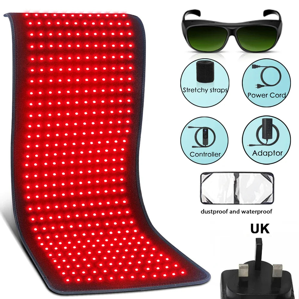 Red light therapy mat kit with accessories, including straps, controller, adaptor, power cord, UK plug, protective eyewear, and waterproof cover from The Relief Method.