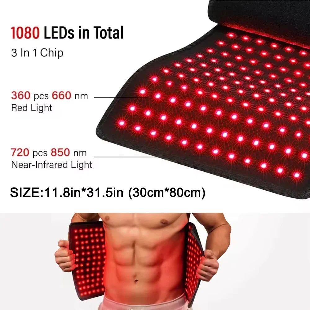 Red and near-infrared LED light therapy pad for muscle relief, shown wrapped around torso.