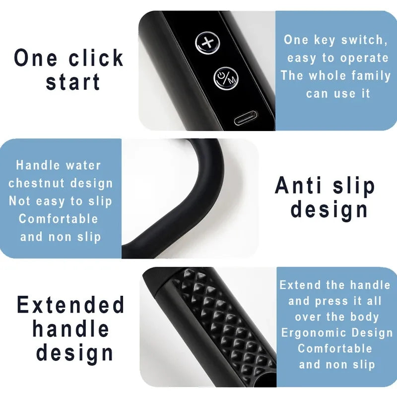 Ergonomic handheld device with one-click start, anti-slip grip, and extended handle features.