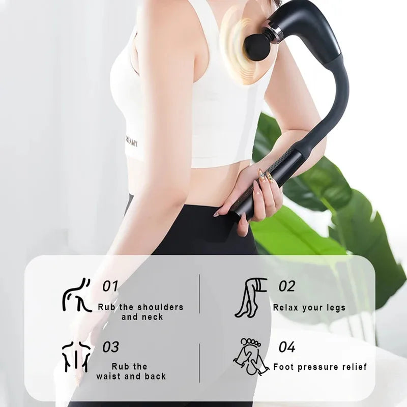 Woman using handheld massager on shoulder and back, The Relief Method pain relief device