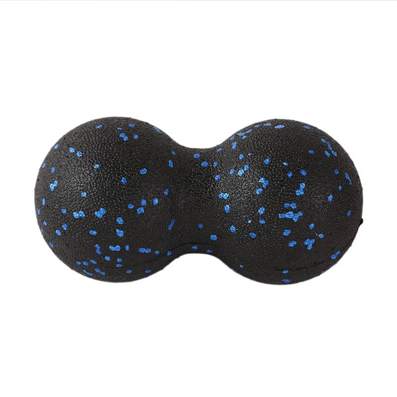 Black double lacrosse massage ball with blue speckles for muscle relief, The Relief Method
