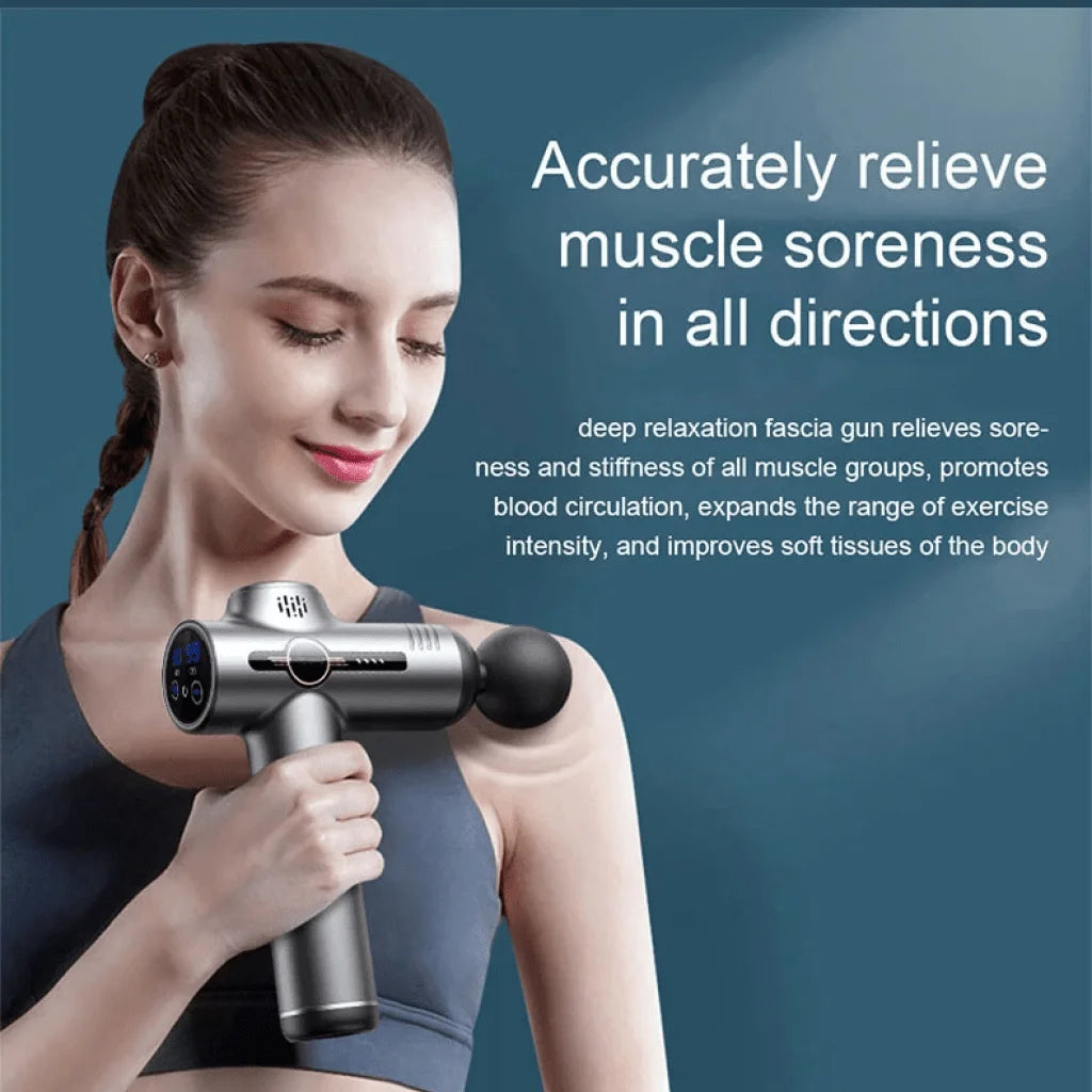 Woman using a fascia massage gun on shoulder, text promotes muscle soreness relief, The Relief Method