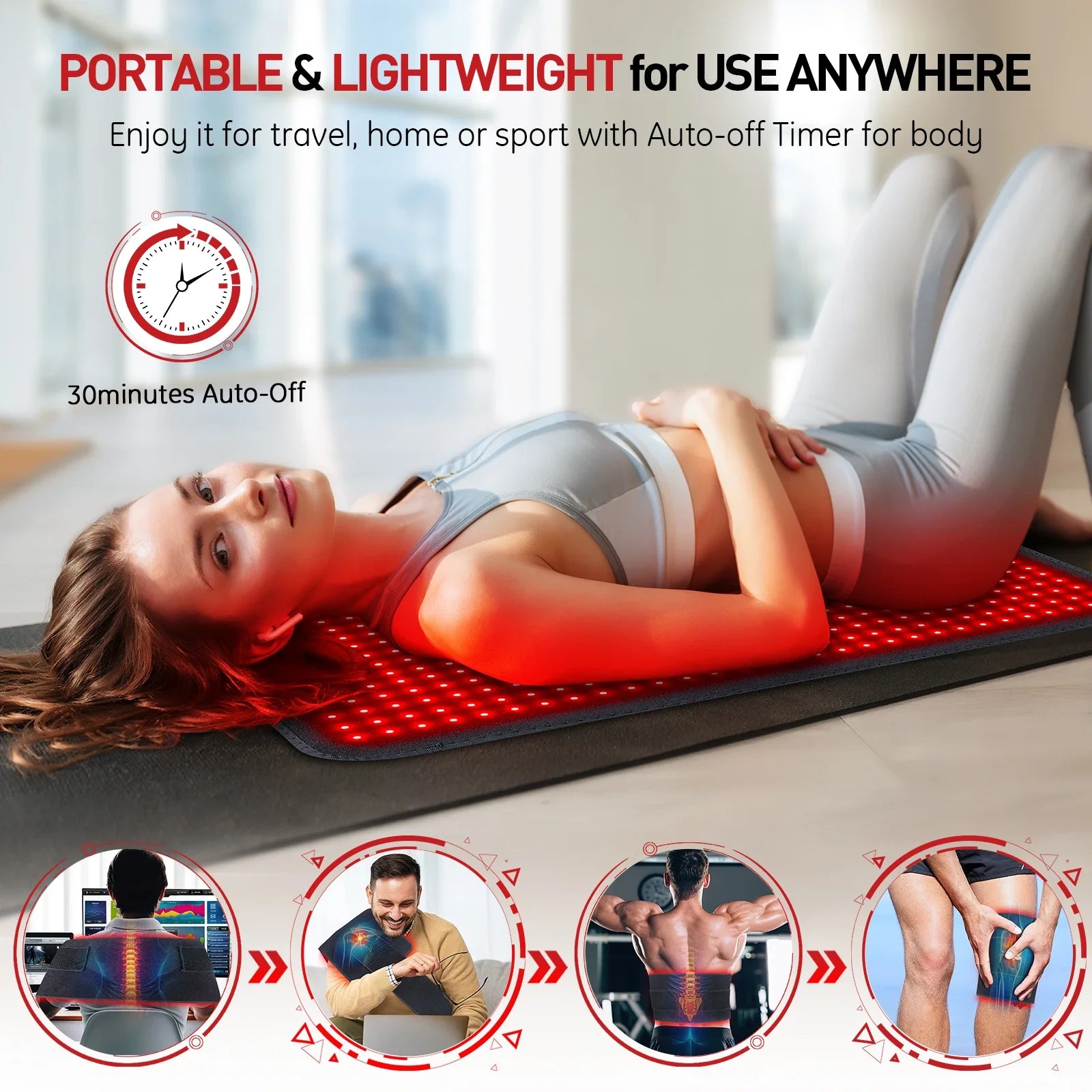 Woman using portable red light therapy mat for body relief at home, The Relief Method