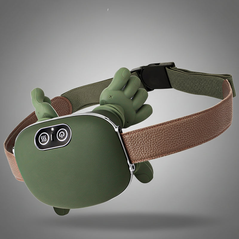 Green wearable relief massager with brown adjustable strap and control buttons