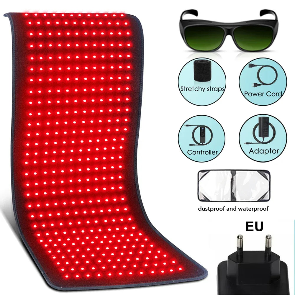 Red light therapy mat with accessories, power cord, controller, adaptor, goggles, and EU plug.