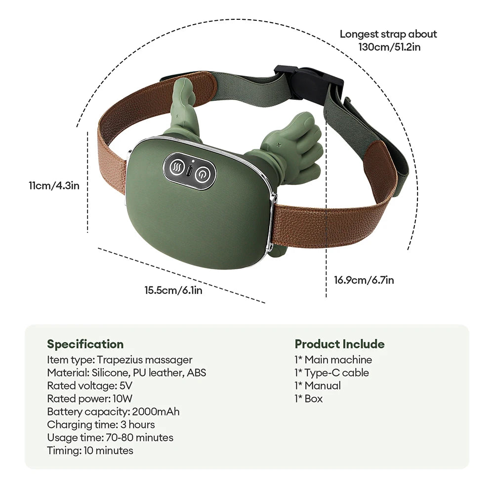 Green trapezius massager with adjustable strap, product specs and dimensions, The Relief Method