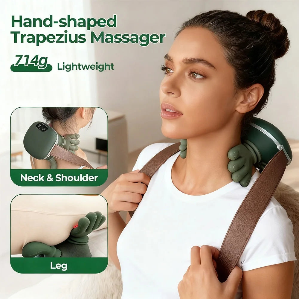 Woman using hand-shaped trapezius massager on neck and shoulder, lightweight design