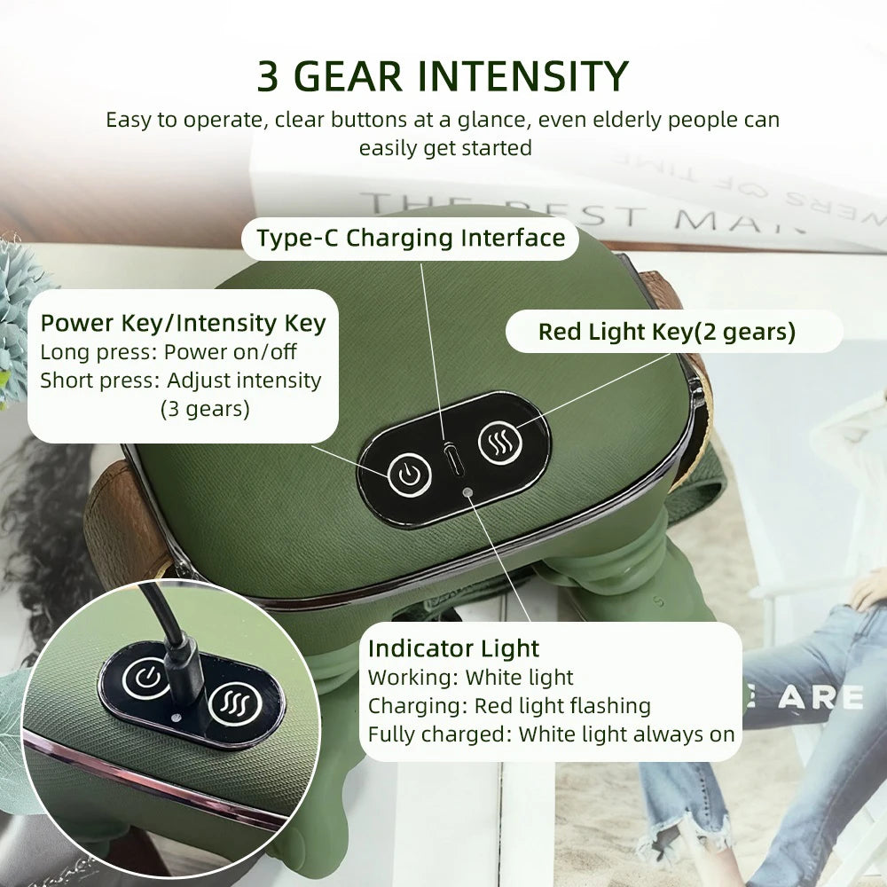 Green massage device with control panel, Type-C charging port, indicator light, and relief intensity buttons
