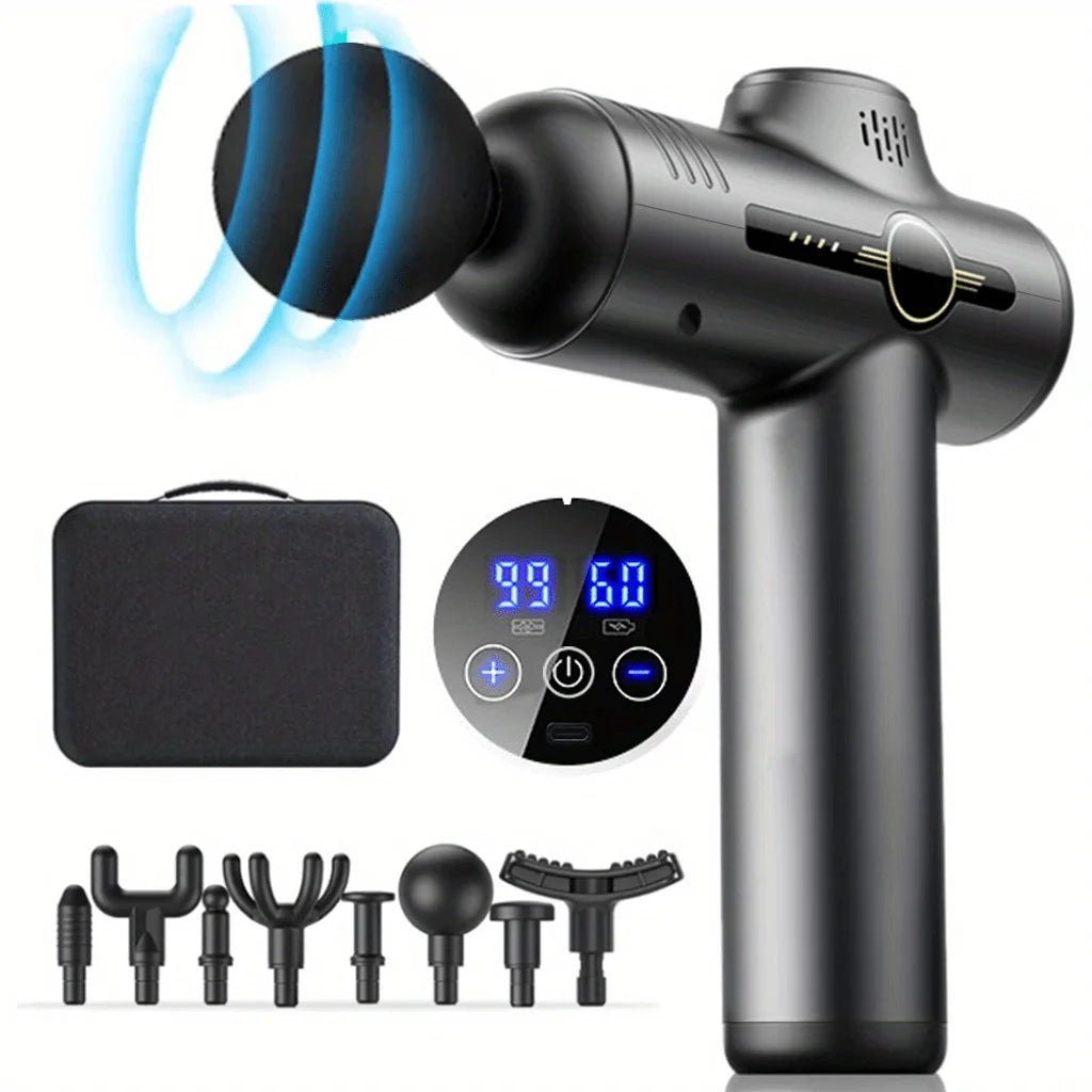 Black handheld massage gun with digital display, case, and multiple attachment heads, The Relief Method