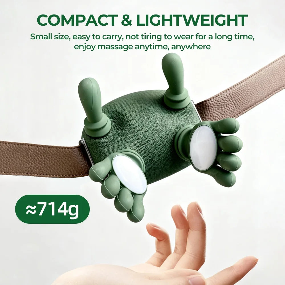 Compact green massage device with flexible arms, brown strap, lightweight at 714g, The Relief Method