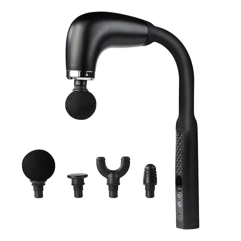 Black handheld massage gun with four interchangeable heads from The Relief Method