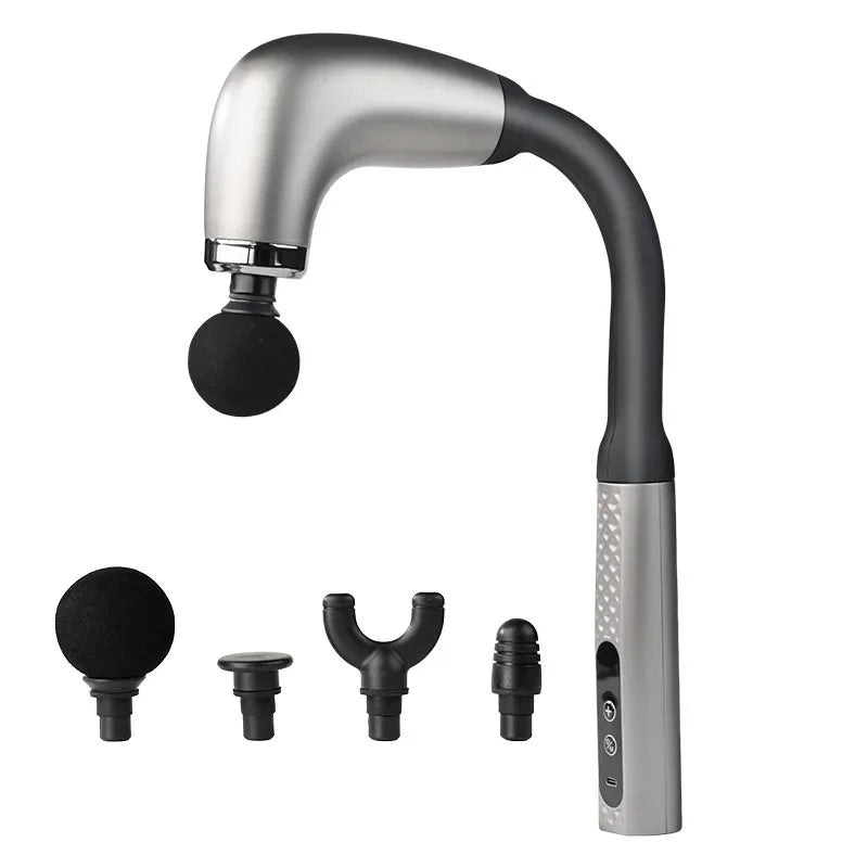 Handheld electric massager with multiple interchangeable massage heads, black and silver design