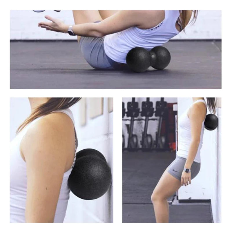 Woman using black double massage ball for back relief exercises, fitness, muscle recovery