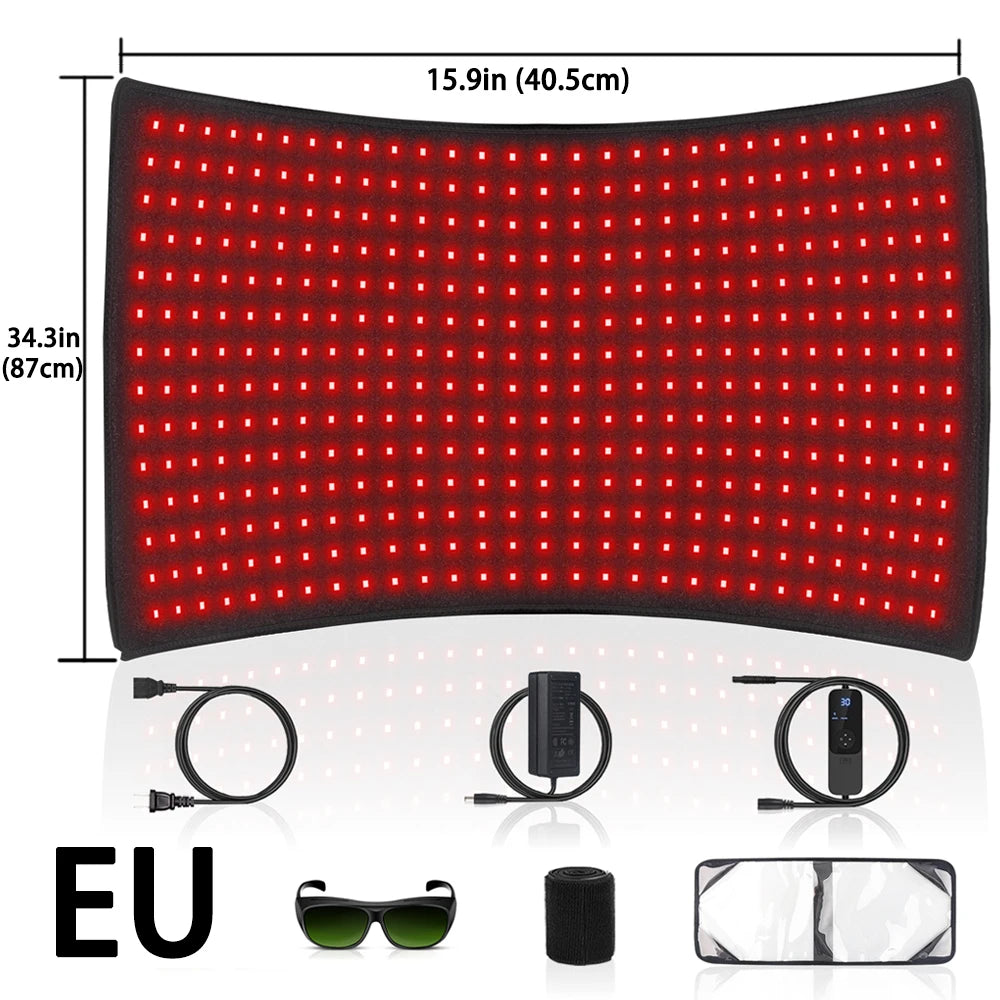 Large red LED therapy pad with accessories and dimensions for EU, The Relief Method