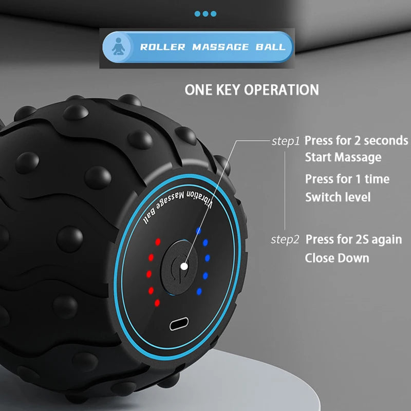 Black roller massage ball with textured surface, LED indicators, and one-key operation instructions.