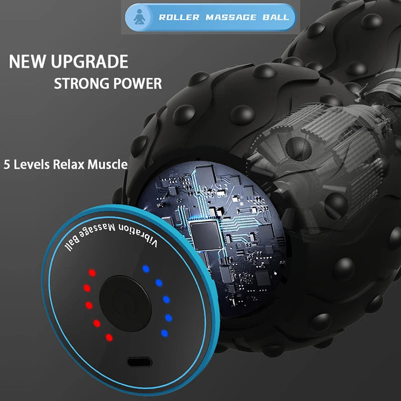 Upgraded black roller massage ball with textured surface, LED indicators and circuit details