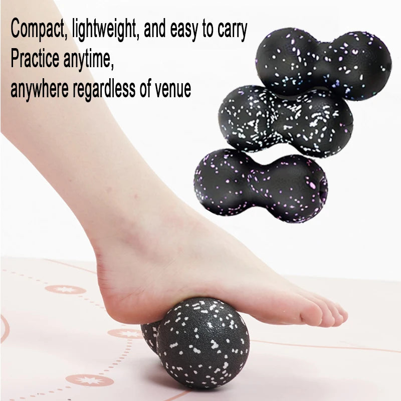 Foot using black speckled peanut massage ball for relief, lightweight and portable therapy tool